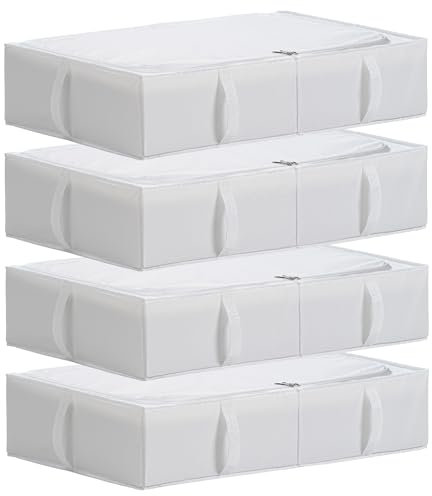TYEERS Unterbett Aufbewahrungsbox mit Deckel, Strapazierfähiger Stoff, Waschbar, Zusammenklappbar, Boxen Aufbewahrung für Kleidung, Decken, Bettwäsche, Schuhe, 70x42x18 cm, 4er-Pack, Weiß