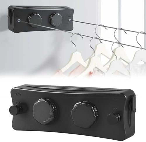 Domigard Cuerda para la ropa retráctil, tendedero interior de pared doble línea invisible hilo de lino extensible de acero inoxidable, cuerda de ropa ajustable 2 x 5,1 m (negro)