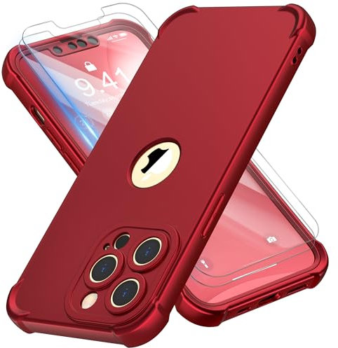 ORETECH 4 in 1 Silicone Case for iPhone 13 Pro Max Case, with [2 x Tempered Glass Screen Protector] [Camera Protection] [Military Grade Protective] Slim Fit Bumper for iPhone 13 Pro max - Metallic Red