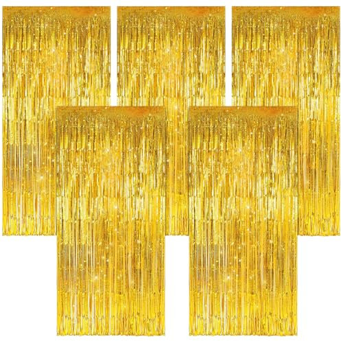 Gold Fringe Curtain Tinsel Backdrop, 5Pcs Foil Fringe Curtain, 3.2ft x 6.5ft Gold Tinsel Curtains Party Decoration Streamers, Tinsel Door Curtains Hanging Streamers for Birthday Party Decorations