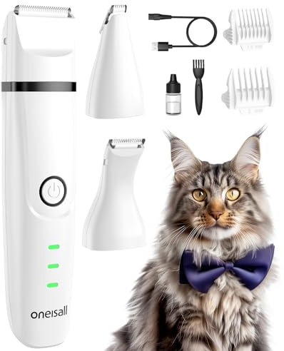 oneisall 3 in 1 Cat Clippers & Dog Paw Trimmer Grooming Kit, Cordless Low Noise Dog Trimmer for Matted Fur, 2-Speed Pet Clippers for Paws, Legs, Face, HIPS