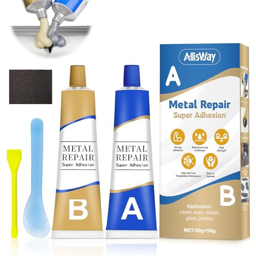 AllisWay Colla Metallo, Metallo Liquido, Colla per Metall, Bicomponente per Metalli, Adatto per la Riparazione di Crepe, Usura, ecc, di Vari Materiali Metallici, 50G + 50G