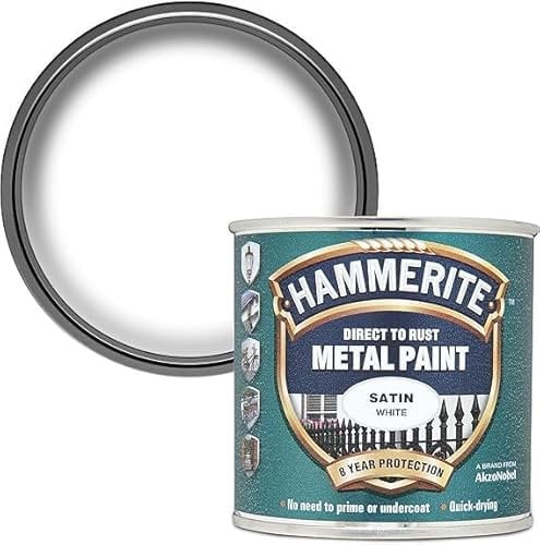 Hammerite Metal Paint, Satin White, 250ml, Direct to Rust, No Primer Required, Quick-Drying, Weather Resistant