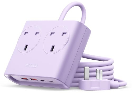 ORICO PD 25W Extension Lead with USB Slots with 2 USB C and 2 USB A Purple | 2 Way Extension Socket, 1.6m Extension Cable, 13A 3250W Desk Power Strip for Bedroom Office Accessories - PDC25