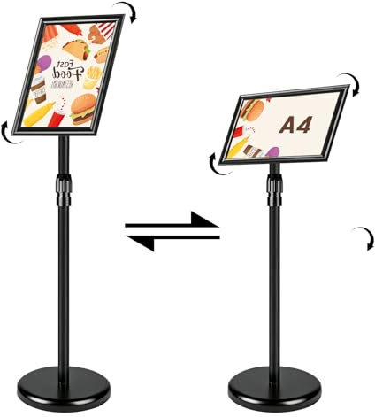 MIGUBIGU 1Pcs Aufsteller A4 mit Standfuß 297 x 210 mm, Infoständer A4 | Höhenverstellbar Edelstahl, Plakatständer DIN Rahmen, Kundenstopper, Informationsständer für Hoch-/Querformat, Wetterfest