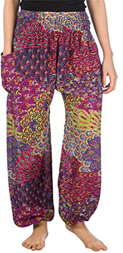 Lofbaz Harem Pants for Women Yoga Boho Hippie Clothing Palazzo Bohemian Beach Trousers Maternity Pajama Indian Gypsy Travel Clothes - Peacock 3 Pink XL