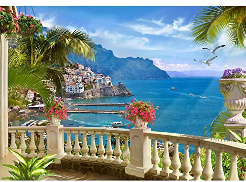 Runa Art Fototapete Balkon zum Meer Italien Modern Vlies Wohnzimmer Schlafzimmer - Made in Germany - 308 x 220 cm Blau Grün 9166010a