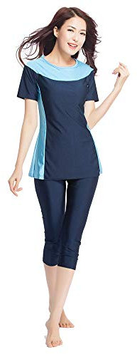 TianMaiGeLun Muslimische Bademode Badeanzug Full Cover Bescheidene Badebekleidung Modest Muslim Swimwear Beachwear Burkini Kurzarm Tops und Hose 2-Teilige Modest Bademode Sets (Blau, XL)