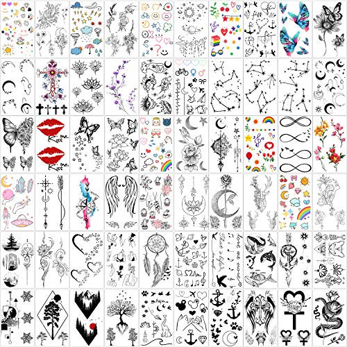 Yazhiji 60 feuilles minuscule étanche tatouage temporaire lune étoiles constellations musique boussole ancre mots lignes fleurs pour enfants adultes hommes et femmes