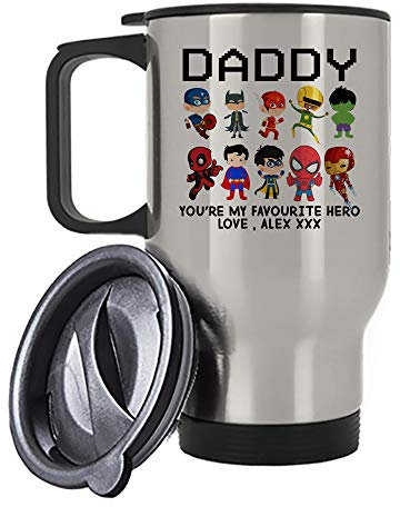 Personalised Father's Day Inspired Daddy You're My Favourite Hero Birthday/Christmas stoking Filler 14 oz Travel Mug Coffee Mug. (Silver)