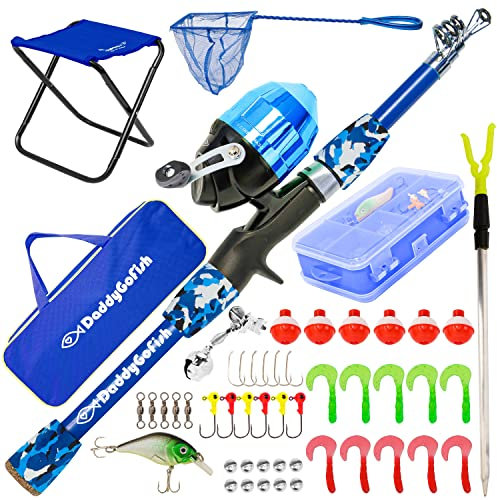 DaddyGoFish Kinder Angelset - Teleskoprute & Rolle Combo mit Klappstuhl, Rutenhalter, Tackle Box, Ködernetz und Tragetasche für Jungen und Mädchen - Blau, 4ft