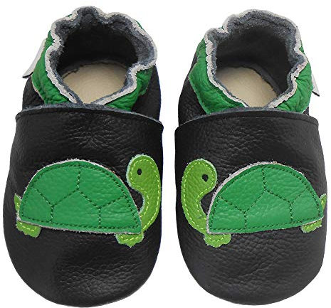 Bemesu Krabbelschuhe Baby Lauflernschuhe Jungen Mädchen Weiche Leder Lederpuschen Hausschuhe kleinkind Barfußschuhe Baby Sockenschuhe Babyschuhe Schwarz Schildkröte (XL, 18-24 M, EU 23/24)