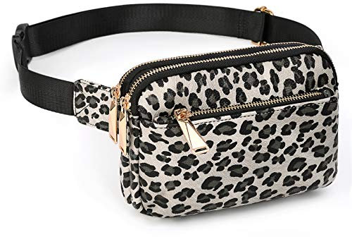 UTO Taillentasche Damen Herren Gürteltasche Wasserdichter Gürtel Synthetische leichte Mode-Taillentasche mit 3 Reißverschlusstaschen Leopardenmuster Grau