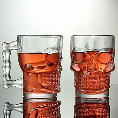 HSFS Bierkrug Glas Kreativer Totenkopf Bierkrug Kristallglas Transparent Whiskeyglas mit Griff Personalisierte Gravur Glas Bierkrug Bar Party Trinkgeschirr Bierkrug Glas