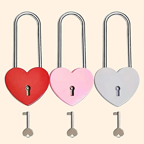 TONAUP Mini Coeur Longue Cadenas, 3 Set Serrure à Clé en Forme de Coeur avec Clé 3 Couleurs Petit Cadenas en Métal Serrure Décorative pour Boîte à Bijoux, Journal Intime, Livre – Rose, Rouge, Blanc