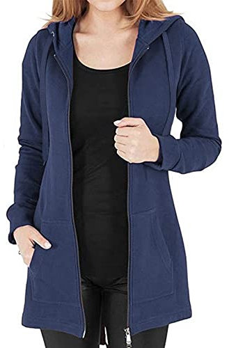 Tuopuda Womens Long Hoodies Zip Up Plain Hoodie Long Sleeves Ladies Fleece Longline Hoodie Sweatshirts Casual Loose Hooded Coat Zipper Plus Size Tops Pullover Jacket with Pockets (Navy, L)