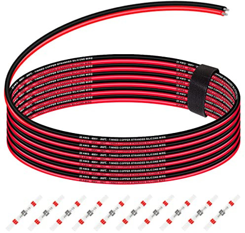 Xiatiaosann 22 AWG Silikon Elektrischer Draht Kabel 600V verseilter verzinnter Kupferdraht Rot und Schwarz 10m flexibel Silikon Draht für RC Auto, Drohne, 3D Drucker mit 10 Stück Schrumpfschlauch