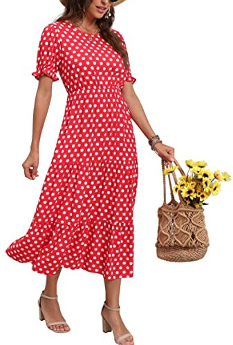 GRECERELLE Womens Summer Midi Dress Floral Print Boho Dress Ruffle Puff Sleeve High Waist A-Line Casual Boho Cocktail Holiday Beach Long Dress for Ladies (Polka Dot Red, L)