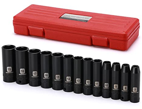 MIXPOWER 13 Pieces 3/8-Inch Drive Deep Impact Socket Set, 7mm to 19mm, CR-V, Metric, 6 Point, Deep, 13 Pieces 3/8 Dr. Socket