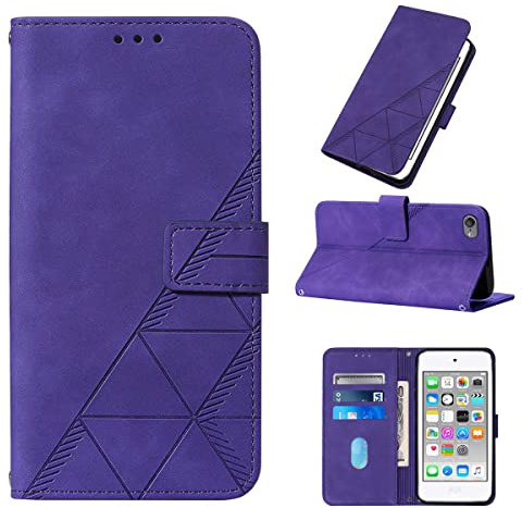 LMFULM® Hülle für iPod Touch 5/6 / 7 (4,0 Zoll) PU Leder Magnet Brieftasche Lederhülle Dreieck Drucken Flip Cover Ledertasche Stent-Funktion Case Lila