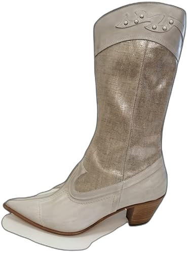 NeroGiardini Stivale Donna texano Estivo Art 312 in Pelle Bianco e Tela Bianca Argentata n.40