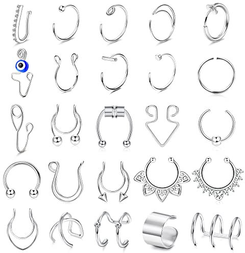 Kakonia 25stk Fake Nose Ring Septum für Damen Herren Magnet Septum Piercing Fake Nasenpiercing Ring Evil Eye Clip Nasenring Hoops Ear Cuff Helix Fake Nasenring Piercing Set