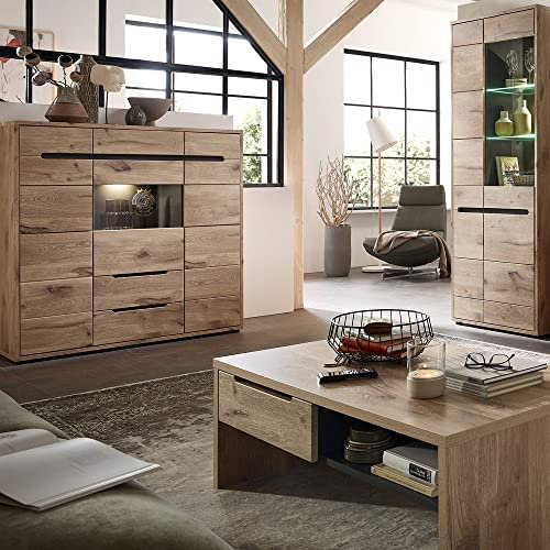 Lomadox Wohnmöbel Wohnzimmer Set Couchtisch Wohnzimmertisch Highboard Vitrine Vitrinenschrank Standvitrine Eiche Nb. Graphit Beleuchtung