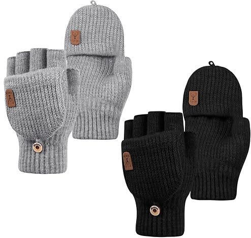 FANTESI 2 Pair Fingerless Gloves for Women, Winter Thermal Touch Screen Warm Gloves for Ladies Men Sport Walking Riding Cycling Skiing