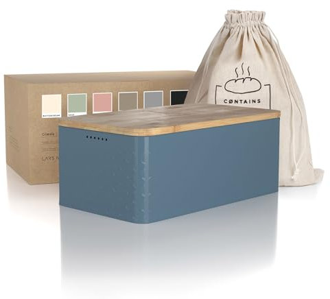 LARS NYSØM Bread Box I Metal bread box with linen bag for long lasting freshness I Baked goods Bin with bamboo lid usable as cutting board I 13.4x7.3x5.3In (Stone Blue)