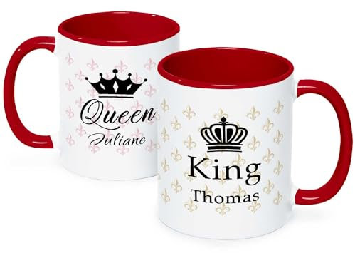 GRAVURZEILE Set di tazze stampate con scritta – King & Queen – Personalizzate con nome – Tazza da caffè con scritta – Regalo per San Valentino – Regali per lui & Lei – Colore: Rosso, GZ-13804.3