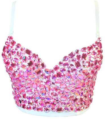 Woboren Women's Sequin Corset Bustier Crop Top Wedding Party Rhinestone Diamond Push up Bra Slim Vest costume with Detachable Straps