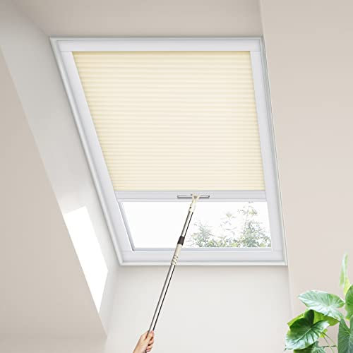 Moonice Skylight Blinds Cordless Roof Honeycomb Window Blinds Light Filtering Cellular Pleated Roof Shades for Home Easy to Install Shades for Inclined Plane Room Windows Custom Size (Cream)