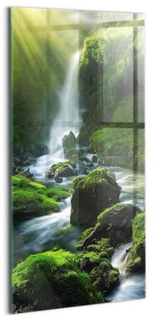 Wallfluent Dicke 4mm Wandbild Glasbild Gehärtetes Glas Mit Motiv 50x100cm Bild Wanddekoration Für die Küche Badezimmer und Schlafzimmer - Wasserfall und Felsen