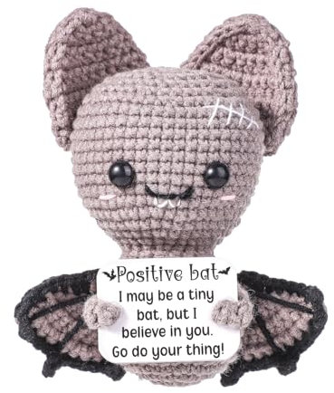 TOYMIS Positive Fledermaus, Fledermaus Gehäkelt Emotionale Unterstützung Häkeln Positive Sprüche Gestrickte Tiere Emotionales Geschenk für Halloween-Party-Dekoration Aufmunterungsgeschenke