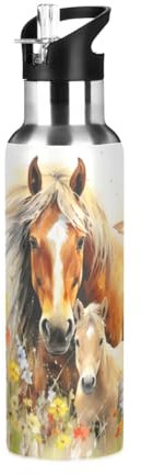 Pferd Blume Pferde Trinkflasche Trinkflasche mit Strohhalmdeckel Isolierte Edelstahl Thermosflasche für Jungen Mädchen Gym Sport Auslaufsicher 600ml