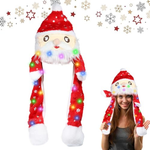KOIROI LED Weihnachtsmütze mit Ohren, Erwachsene Weihnachtsmütze Rot, Nikolausmütze mit Leuchtendem, Plüsch Weihnachtsmann Mütze mit LED Licht, Santa Mütze, Warm Nikolaus Mütze für Damen Herren