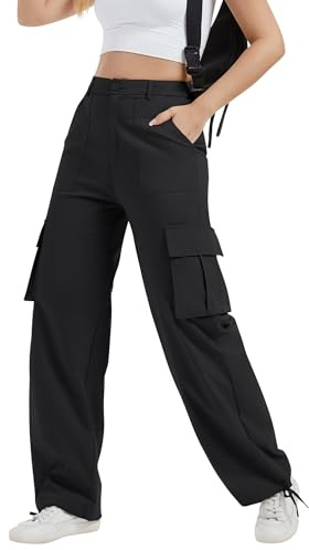 AVAMO Cargo Pants for Women with Pockets High Waist Lightweight Stretchy Hiking Casual Streetwear Baggy Wide Leg Pants Black M