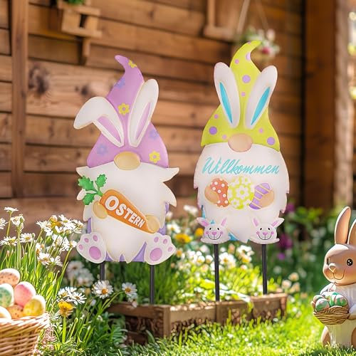 TERESA'S COLLECTIONS Osterdeko,Ostern Deko Wichtel,60cm,Gartendeko für Draußen,Metall Osterhasen Zwerg,Osterhase Gnomes Deko,Osterwichtel mit Hasen Ohren,Frühjahrsdeko,Ostern Geschenk
