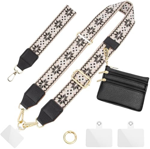 ONEKERUN Cordon Telephone Portable Cordon Tour de Cou Téléphone Universelle Cordon Coque Téléphone Bandoulière Réglable Dragonne de Telephone Portable,avec Portefeuilles & 2 Patchs (black rice)