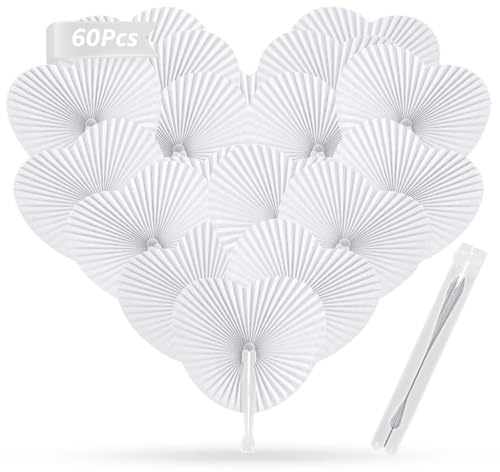Oungy 60 Stück Fächer Hochzeit, Papierfächer Hochzeit, Faltbar Handfächer Weiß, Hochzeit Gastgeschenk, Griff aus Kunststoff, Wedding Wands für Sommer Hochzeit Geburtstag Party DIY Gastgeschenke Reisen