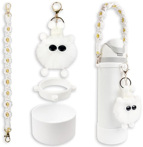 Silicone Boot Set for Owala Water Bottle 24 oz, Includes Water Bottle Handle Strap & Cartoon Charm, Perfect Owala Accessories, Fits Owala Tumbler, Owala Free Sip, for Pink owala (White)