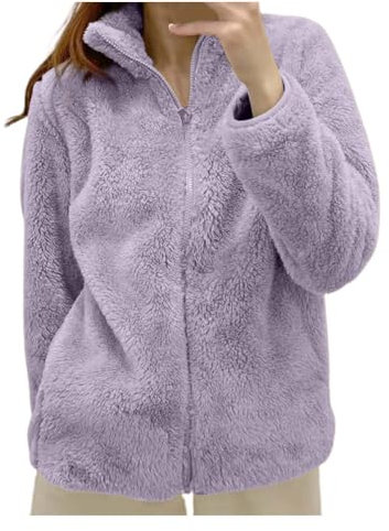Giacca in Pile Tinta Unita da Donna con Collo e Cerniera, Comoda Giacca Esterna Vestaglia Invernale Lana