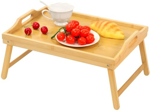 Bamboo Bed Tray Table, Folding Legs and Handles, Breakfast Tray, Laptop Desk for Bed or Sofa, Serving Tray for Eating, Working, Reading,Picnic