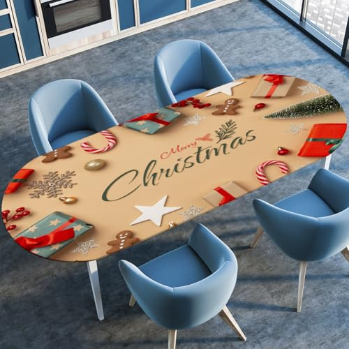 Treer Ovale Tischdecke mit Elastischem Rand, Fleckschutz, Lotuseffekt, Abwaschbar, für Esszimmer, Küche, Picknick (91x152cm, Weihnachten 1)