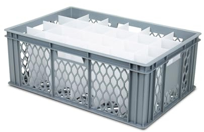 Caterbox Glass Wash & Store Crate, Ventilated, 600x400x285mm, Grey with 24 Compartment Divider for Wine Glasses, Hi Balls – Conveyor Washing Solution (Glass Height 171 - 195mm)