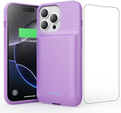 Feob Akku Hülle für iPhone 16 Pro, 7500 mAh Wiederaufladbar Batterie Ladehülle Akku mit Schutzfolie, Tragbares Batterieladegerät Hülle Leistungsstarke Power Bank für iPhone 16 Pro (6,3) (Lila)