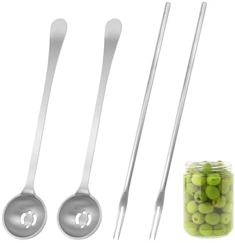 Wjelet 4PCS 7.6 Inch Olive Spoon and Pickle Fork, Stainless Steel Long Handle Pick Jar Serving Spoon with Drain Hole, Slotted Cooking Spoons for Olive, Pickle, Onion, Cherry Jar