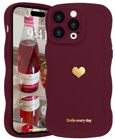 LAPOPNUT for iPhone 14 Pro Max Case,Cute Curly Wave Frame Love Heart Phone Case for Girls Women,Soft Silicone TPU Bumper Shockproof Camera Protective Cover for iPhone 14 Pro Max 6.7 inch,Wine Red