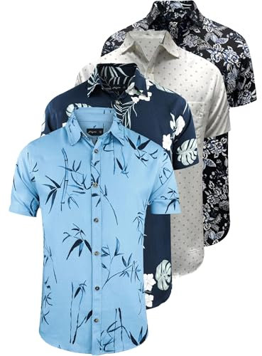 WJL WHISPERING JONES LONDON Mens 4 Pack Hawaiian Short Sleeve Beach Holiday Summer Designer Floral Shirt Menswear Printed Top, Pack 3, XL