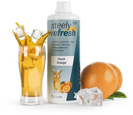 STEELY SPORTS SteelyRefresh | Geschmack: Fresh-Orange | Zuckerfreier Sirup mit Vitaminen | 1 Liter Konzentrat für 80 Liter Fertiggetränk | Ideales Sportgetränk & Wassersprudler-Sirup